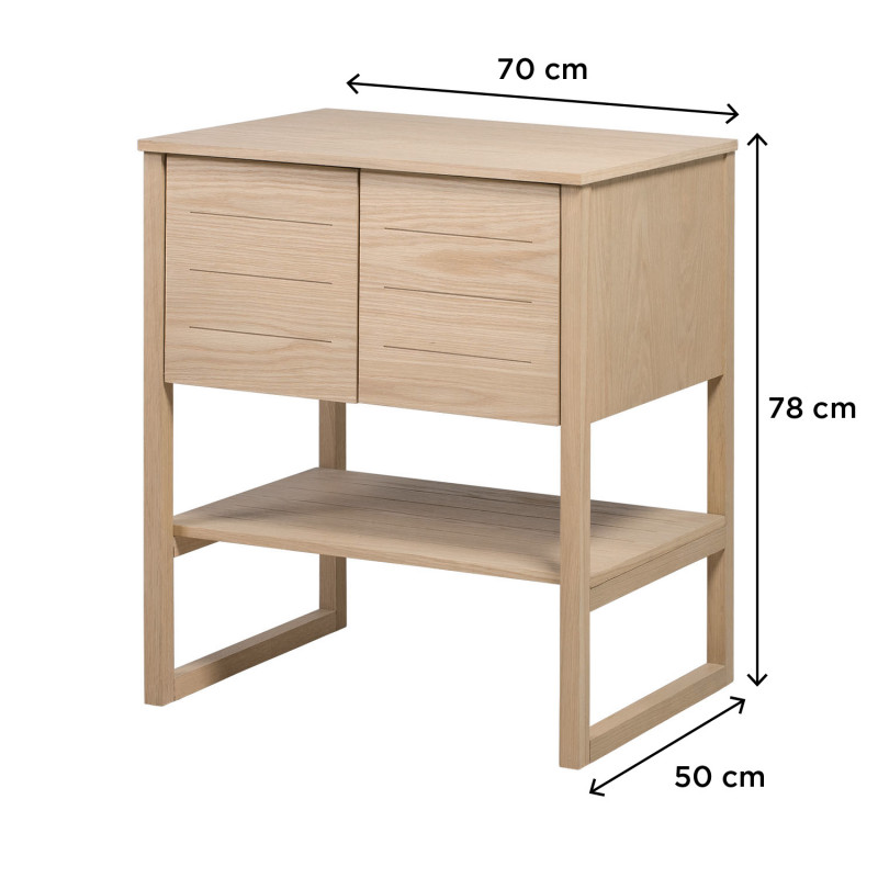 Meuble de Salle De Bain Chêne 70 cm ATOLL + Colonne + Miroir Rond 60 cm + Vasque ronde 37 cm