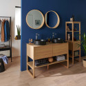 Meuble de Salle De Bain Chêne 120 cm + Colonne ATOLL + 2 Miroirs ronds 60 cm + 2 Vasques rondes noires 37 cm