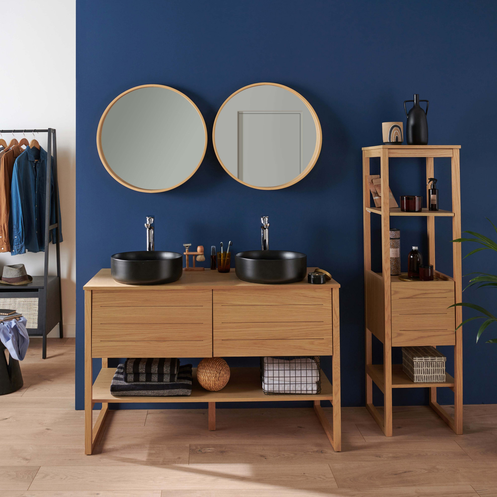 Meuble de Salle De Bain Chêne 120 cm + Colonne ATOLL + 2 Miroirs ronds 60 cm + 2 Vasques rondes noires 37 cm