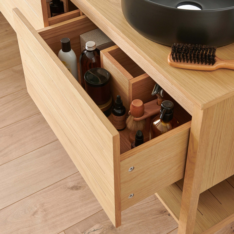 Meuble de Salle De Bain Chêne 120 cm + Colonne ATOLL + 2 Miroirs ronds 60 cm + 2 Vasques rondes noires 37 cm