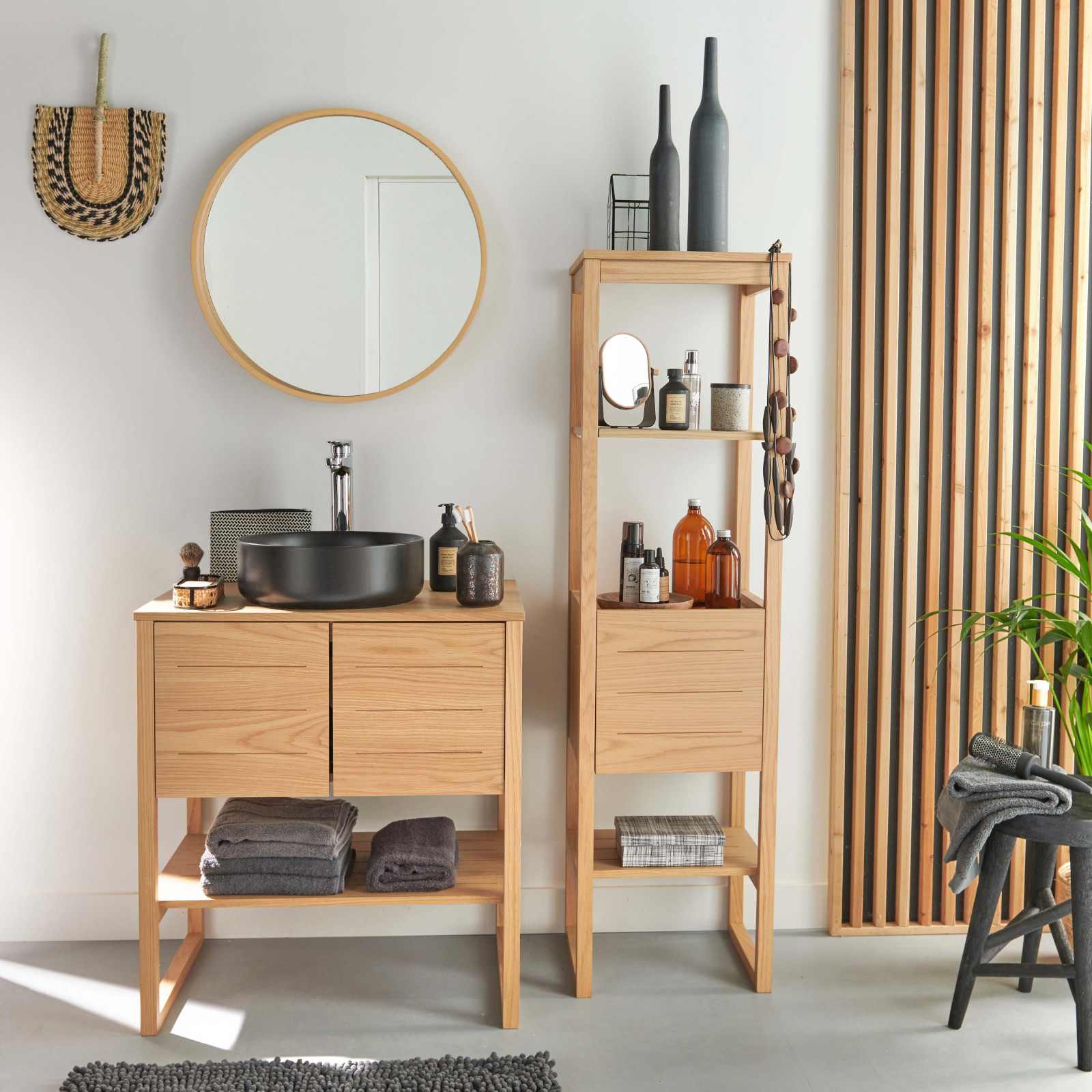 Meuble de Salle De Bain Chêne 70 cm ATOLL + Colonne + Miroir Rond 60 cm + Vasque ronde noire 37 cm