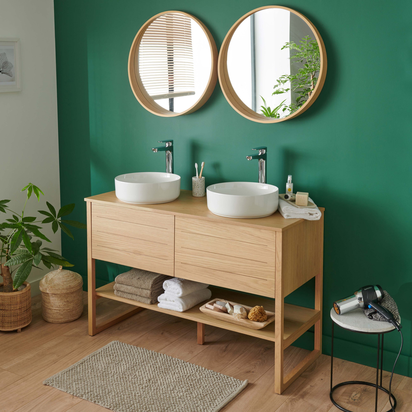 Meuble de Salle De Bain Chêne 120 cm + 2 Miroirs ronds 60 cm + 2 Vasques rondes blanches 37 cm