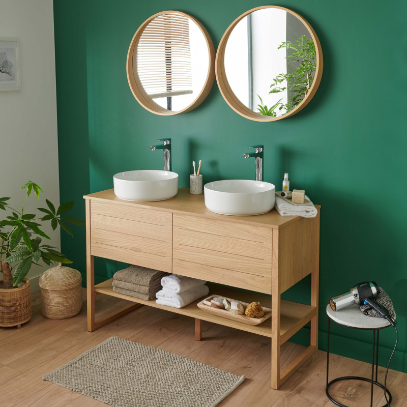 Meuble de Salle De Bain Chêne 120 cm + 2 Miroirs ronds 60 cm + 2 Vasques rondes blanches 37 cm