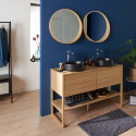 Meuble de Salle De Bain Chêne 120 cm + 2 Miroirs ronds 60 cm + 2 Vasques rondes noires 37 cm