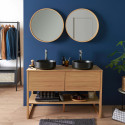 Meuble de Salle De Bain Chêne 120 cm + 2 Miroirs ronds 60 cm + 2 Vasques rondes noires 37 cm