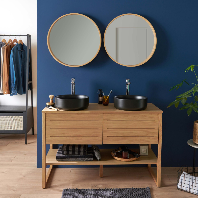 Meuble de Salle De Bain Chêne 120 cm + 2 Miroirs ronds 60 cm + 2 Vasques rondes noires 37 cm