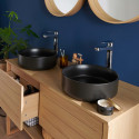 Meuble de Salle De Bain Chêne 120 cm + 2 Miroirs ronds 60 cm + 2 Vasques rondes noires 37 cm