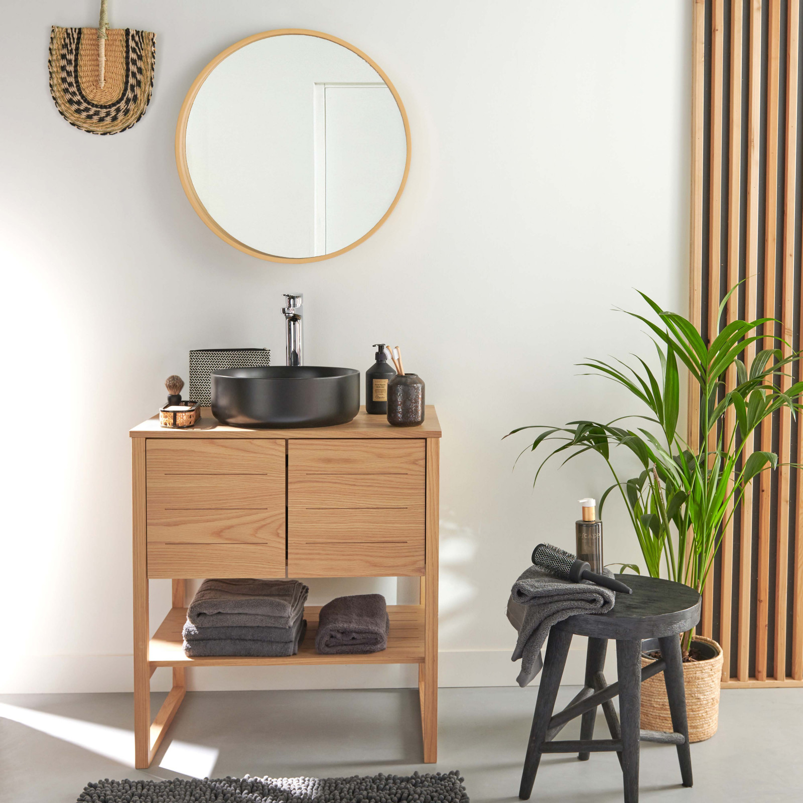 Meuble de Salle De Bain Chêne 70 cm ATOLL + Miroir Rond 60 cm + Vasque ronde noire 37 cm