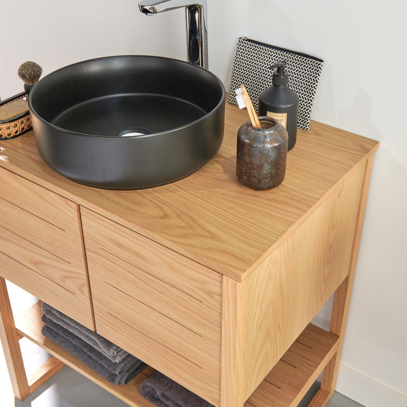 Meuble de Salle De Bain Chêne 70 cm ATOLL + Miroir Rond 60 cm + Vasque ronde noire 37 cm