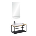 Meuble lave-mains Bois et Métal vasque Blanche WILL + robinet chromé + miroir