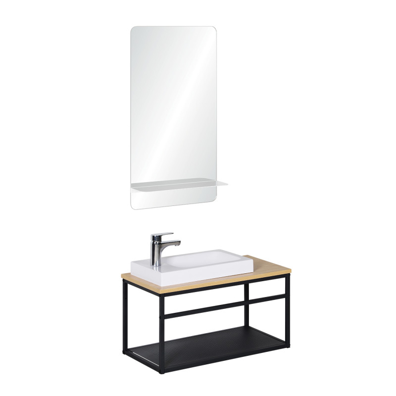 Meuble lave-mains Bois et Métal vasque Blanche WILL + robinet chromé + miroir