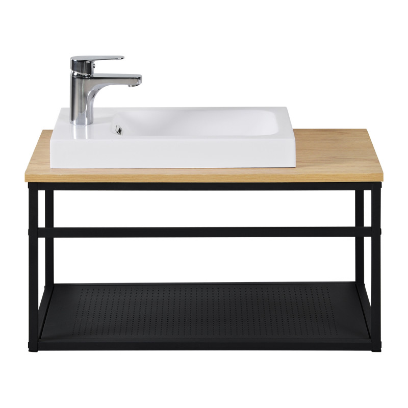 Meuble lave-mains Bois et Métal vasque Blanche WILL + robinet chromé