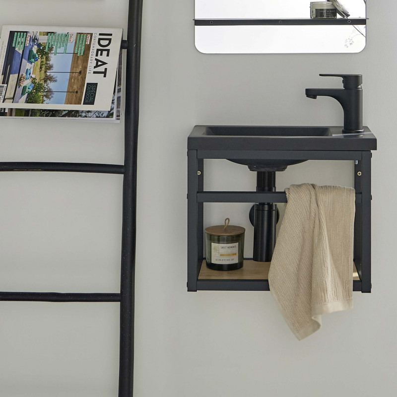 Meuble lave-mains Métal Noir SAO + robinet noir