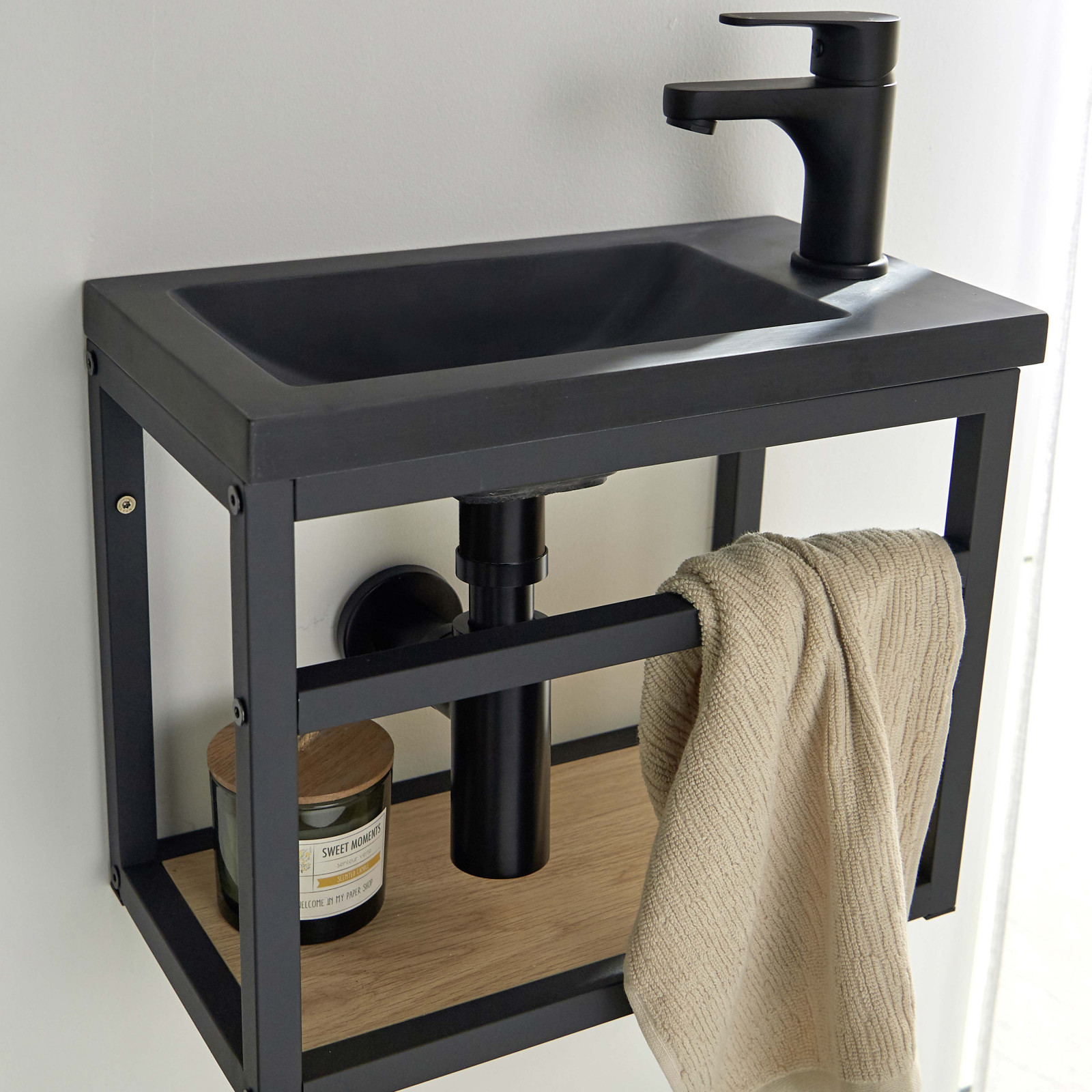 Meuble lave-mains Métal Noir SAO + robinet noir
