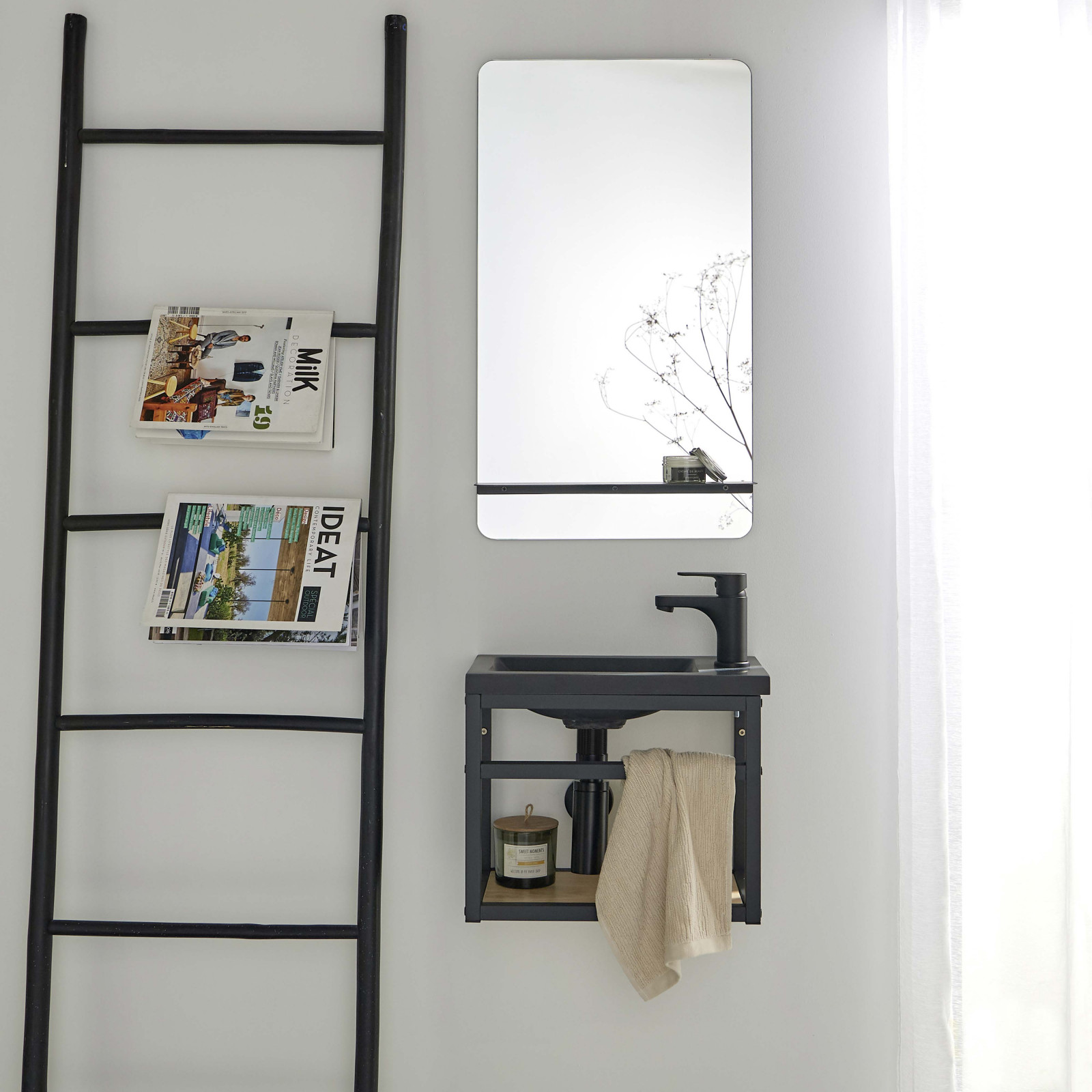 Meuble lave-mains Métal Noir SAO + robinet noir  + miroir tablette noire
