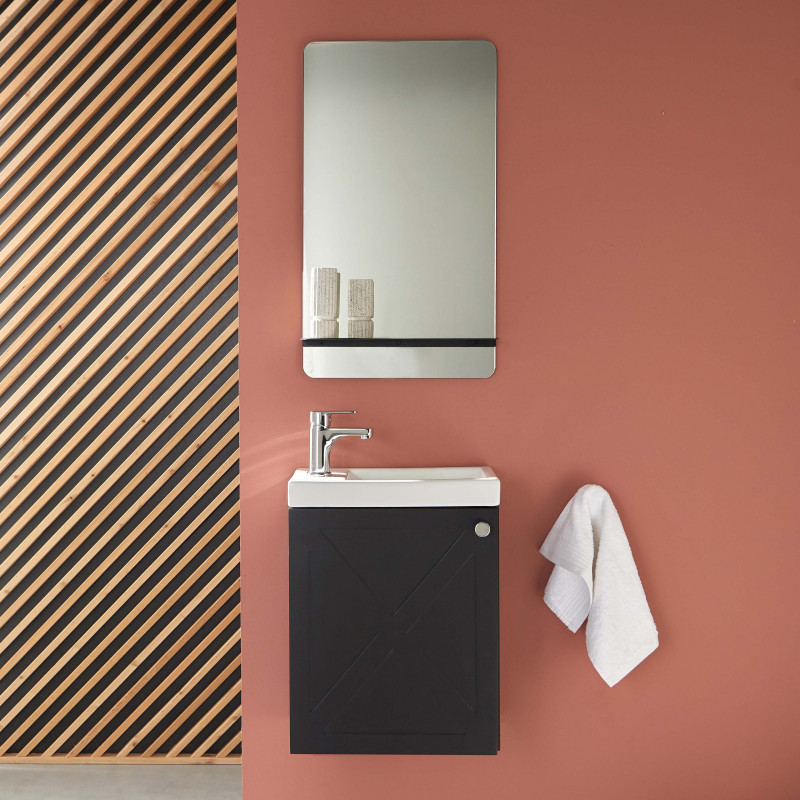 Meuble lave-mains noir carbone AVA avec miroir et robinet chromé