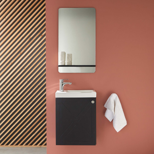 Meuble lave-mains noir carbone AVA avec miroir et robinet chromé