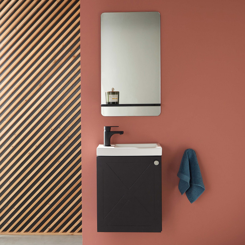 Meuble lave-mains noir carbone AVA avec miroir et robinet noir