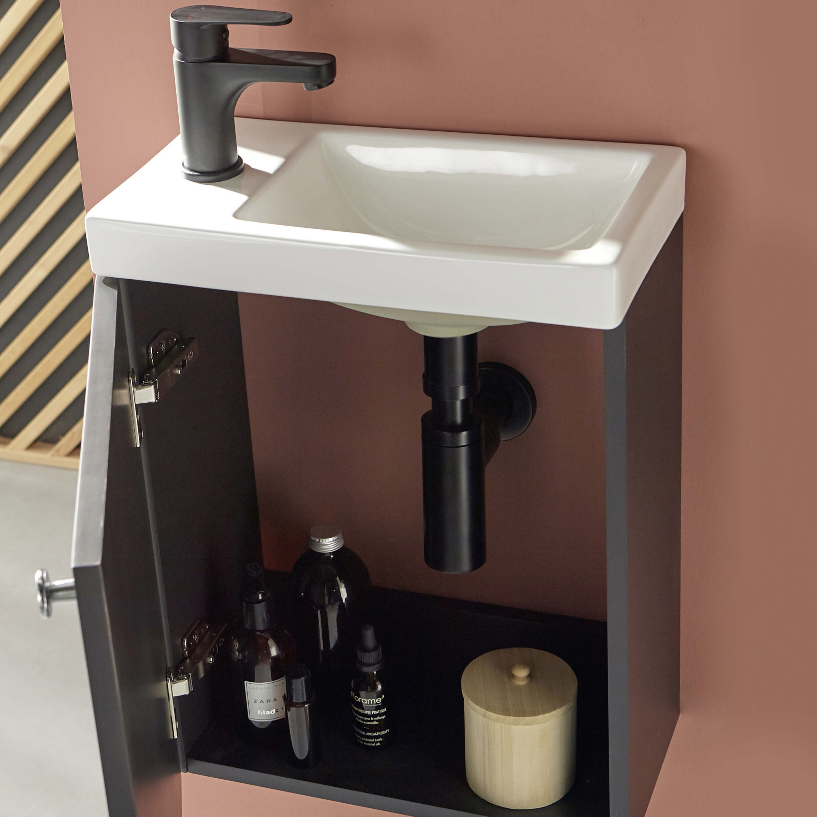 Meuble lave-mains noir carbone AVA avec miroir et robinet noir Meuble lave-mains noir carbone AVA avec miroir et robinet noir