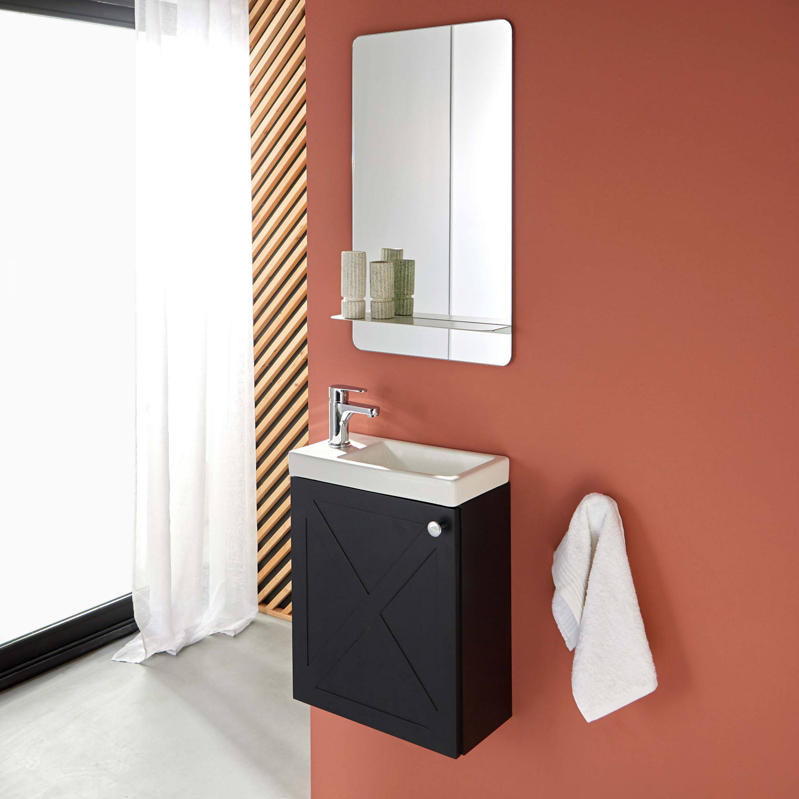 Meuble lave-mains noir carbone AVA avec miroir tablette blanche Meuble lave-mains noir carbone AVA avec miroir tablette blanche