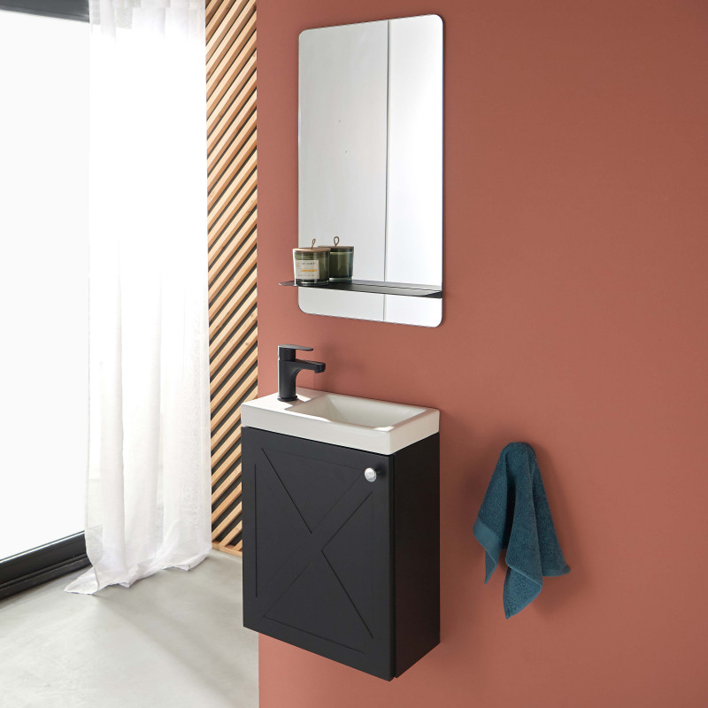 Meuble lave-mains noir carbone AVA avec miroir tablette noire