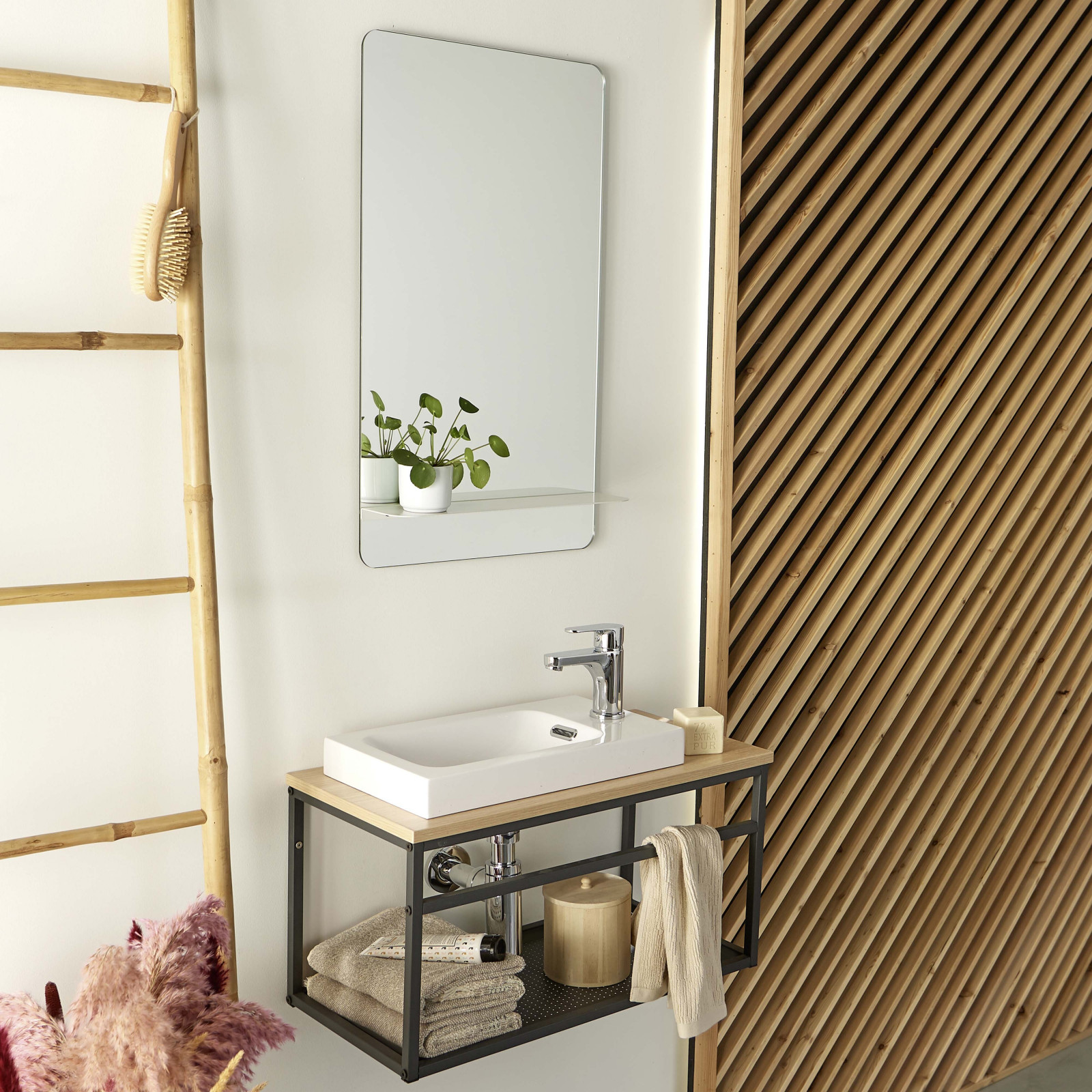 Meuble lave-mains Bois et Métal vasque Blanche WILL + robinet chromé + miroir