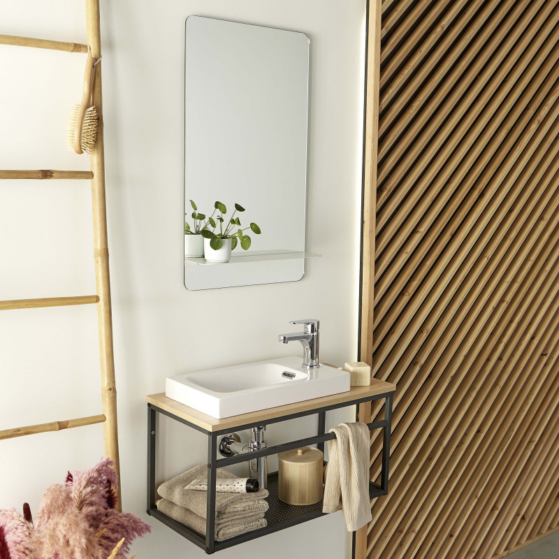Meuble lave-mains Bois et Métal vasque Blanche WILL + robinet chromé + miroir