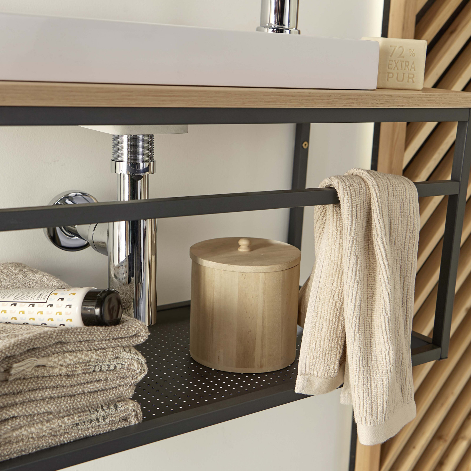 Meuble lave-mains Bois et Métal vasque Blanche WILL + robinet chromé + miroir