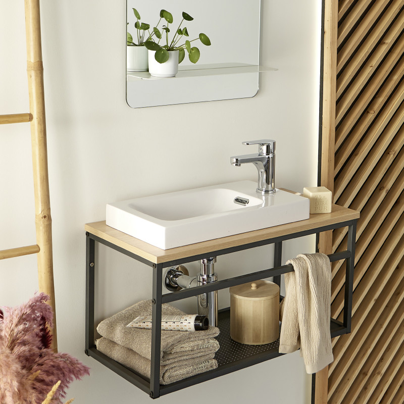 Meuble lave-mains Bois et Métal vasque Blanche WILL + robinet chromé