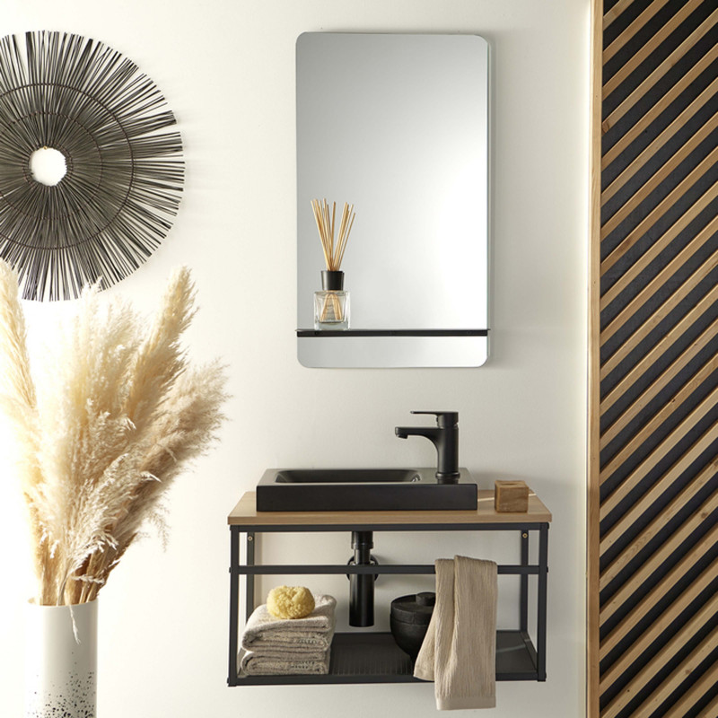 Meuble lave-mains Bois et Métal vasque Noire WILL + robinet noir + miroir