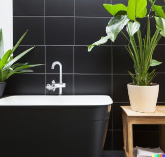 Salle de bain noire avec des plantes